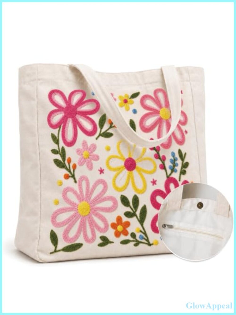 Large Canvas Tote Bag with 3D Daisy Embroidery and Waterproof Lining